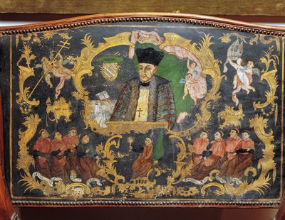 Afbeelding van Bisschop-Rector van de Universiteit, detail van de achterkant van een beschilderde leren stoel van het College van St. Bartholomew in Salamanca, Spanje door Spanish School