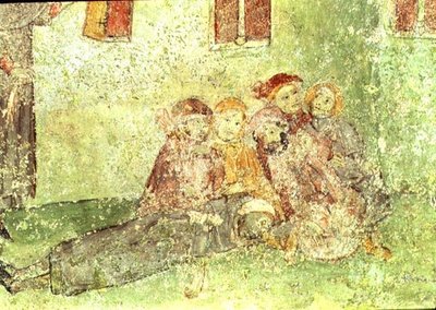 Detail van Arbeiders die een Tempel Bouwen, fresco onder het Koor van de St. Mary of Lluca Kerk door Spanish School
