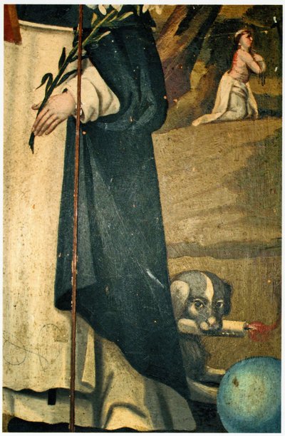 Detail met de lelie, staf en hond met fakkel, attributen van St. Dominicus door Spanish School