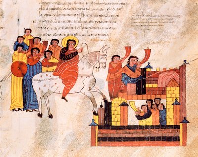 Intocht van koning David in Jeruzalem op het geluid van trompetten, uit de Visigotisch-Mozarabische Bijbel van St. Isidores, fol.135r., 960 n.Chr. door Spanish School