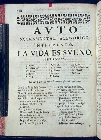 Eerste pagina van La Vida es Sueno uit Los Autos Sacramentales door Pedro Calderon de la Barca (1600-81) bewerkt door Juan Garcia Infanzon, 1690 door Spanish School