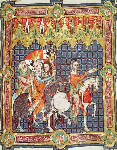 Alfonso VII en zijn vrouw Berenguela van Barcelona, geleid om de aartsbisschop te ontmoeten, uit een manuscript over de kroningen van de koningen van Aragon en Castilië door Spanish School