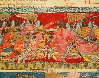 Slag tussen Grieken en Trojanen, uit de Codex Benito Santa Mora door Spanish School