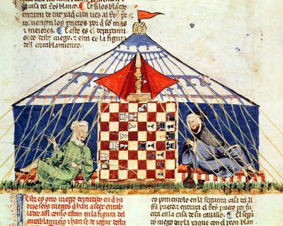 Fol.62v Twee Arabieren die schaken in een tent, uit het Boek der Spelen, Schaken, Dobbelstenen en Borden, 1282 door Spanish School