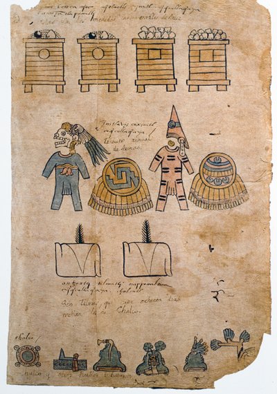 Folio 45 Pagina uit de Codex Mendoza met illustraties van de schatting betaald aan het Azteekse rijk door overwonnen volkeren, ca. 1541-42 door Spanish School