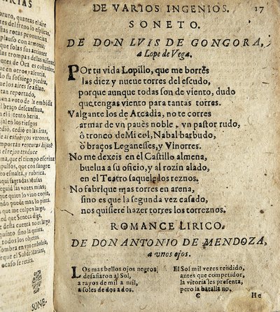 GOGOORA Y ARGOTE, Luis de (1561-1627). Spaanse dichter uit de Gouden Eeuw.; VEGA CARPIO, Felix Lope de (1562-1635). Soneto a Lope de Vega, gedicht opgenomen in Poesias varias de grandes ingenios espanoles, compilatie gemaakt door Ios door Spanish School