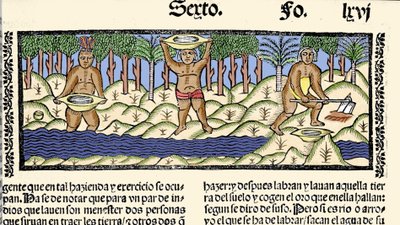 Goudwinning: inheemse mensen zeven de rivier op zoek naar goud. Gravure uit het boek 