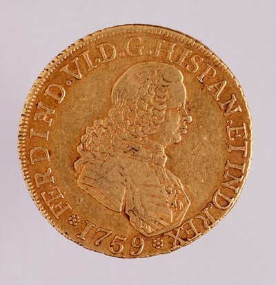 Gouden munt (8 ecu) uit Spanje: regeerperiode van Ferdinand VI (1746-1759). 1759 door Spanish School