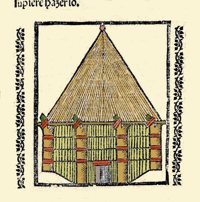 Habitat: beschrijving van de hut van de inheemse Caraïben. Gravure uit het boek 