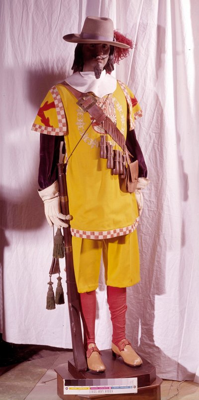Harquebush-kostuum ten tijde van Filips II van Spanje (1527-1598). De mannequin houdt een harquebush in zijn hand en draagt een schouderriem waaraan de munitie (poeder voor het geweer) is bevestigd. Madrid Museum van het Leger door Spanish School