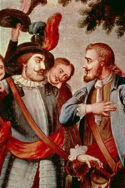 Hernando Cortes (1485-1547) en Diego di Velasquez (1465-1524) (detail) door Spanish School
