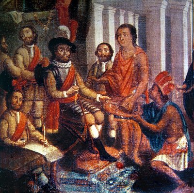 Hernando Cortes ontvangt de eerbetuiging van de Azteken door Spanish School