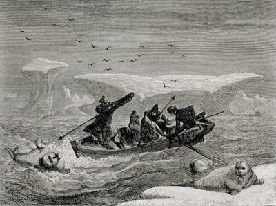 Walrusjacht met harpoenen op de Spitsbergen-eilanden, Svalbard-archipel, illustratie uit 