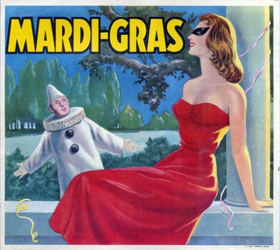 Illustratie van een Mardi-Gras feest (Mardi Gras) verkleedpartij met een Pierrot en een gemaskerde vrouw. Reclame, Valencia, 20e eeuw door Spanish School