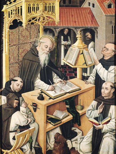 Interieur van een scriptorium, School van Segovia door Spanish School