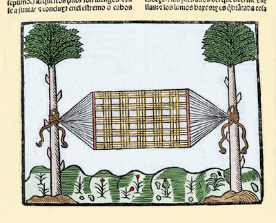 Uitvinding van de hangmat: deze uitvinding revolutioneerde het leven van zeelieden aan boord van schepen (gravure uit 