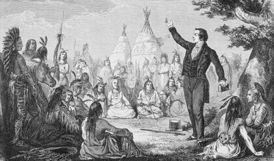 Joseph Smith, oprichter van de Mormoonse Kerk, predikend tot indianen, uit 