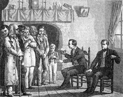 Joseph Smith, oprichter van de Mormoonse kerk, leest uit het Boek van Mormon aan vroege Mormoonse bekeerlingen, uit 