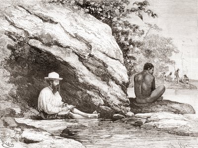 Jules Crevaux, tijdens zijn verkenning van Frans-Guyana in 1878, in de schaduw van een rots aan de oevers van de Oyapock of Oiapoque rivier door Spanish School
