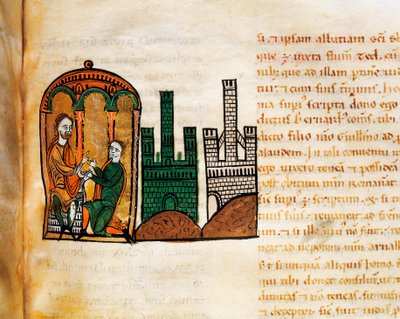 Koning Alfons II van Aragon ontvangt een hoveling, uit het manuscript "Liber Feudorum Maior" door Spanish School