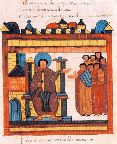 Koning David zittend op zijn troon en omringd door zijn hofhouding, uit de Visigotisch-Mozarabische Bijbel van St. Isidores, fol.126r., 960 n.Chr. (tempera op perkament) door Spanish School