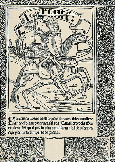 Ridder op zijn rijdier, Frontispice van het Spaanse werk Tirant lo Blanc door Joanot MARTORELL (1413-1468) door Spanish School