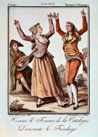 Man en vrouw uit Catalonië dansen de Fandango, Europa, Koninkrijk Spanje door Spanish School
