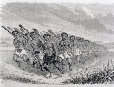 Maori-krijgers voeren een oorlogsdans uit, illustratie uit 