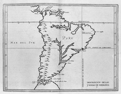 Kaart van Meridionale Amerika (Zuid-Amerika of Latijns-Amerika) uit een Spaans reisvolume uit het begin van de 17e eeuw. De Stille Oceaan wordt de Zuidzee genoemd en de landen Peru en Brazilië worden genoemd evenals de evenaar. door Spanish School