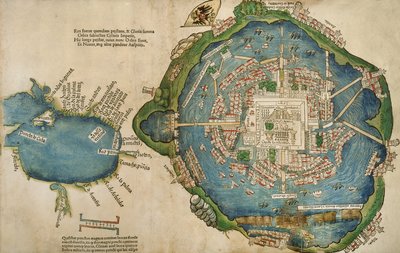 Kaart van Tenochtitlan en de Golf van Mexico, uit Praeclara Ferdinadi Cortesii de Nova maris Oceani Hyspania Narratio door Hernando Cortes, 1524 door Spanish School