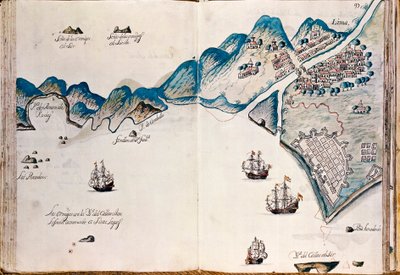 Kaart van een deel van Nieuw-Spanje, de kust van Peru en de stad Lima, uit "Mapas de las costas de América en el mar del Sur, desde la última población de españoles en ellas, que es la ciudad de Compostela, en adelante" door Spanish School