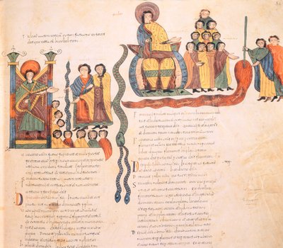 Mozes en Aäron voor de Farao, Mozes met de Slang en het creëren van een van de Plagen van Egypte door met zijn staf het water van de Nijl in bloed te veranderen, uit de Visigotisch-Mozarabische Bijbel van St. Isidores door Spanish School