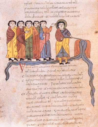 Mozes laat water uit de rotsen stromen bij Horeb, Exodus 17:1-7, uit de Visigotisch-Mozarabische Bijbel van St. Isidores, fol.40v., 960 n.Chr. (tempera op perkament) door Spanish School