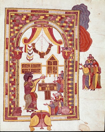 Mozarabische kunst: de tempel van Jeruzalem, Aaron wordt afgebeeld als hogepriester voor een altaar. Miniatuur uit een Mozarabische Bijbel. 10e eeuw. Leon. Bibliotheek van de Koninklijke Collegiale van Sint Isidorus. Spanje door Spanish School