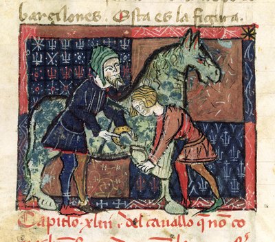 Beslaan van een paard, uit Libro de Menescalcia y Albeyteria door Juan Alvarez, c.1390 door Spanish School