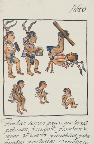 Ms Palat. 218-220 Boek IX Azteekse entertainers, muzikanten, jongleurs en gebochelden, uit de Florentijnse Codex door Bernardino de Sahagun, c.1540-85 door Spanish School