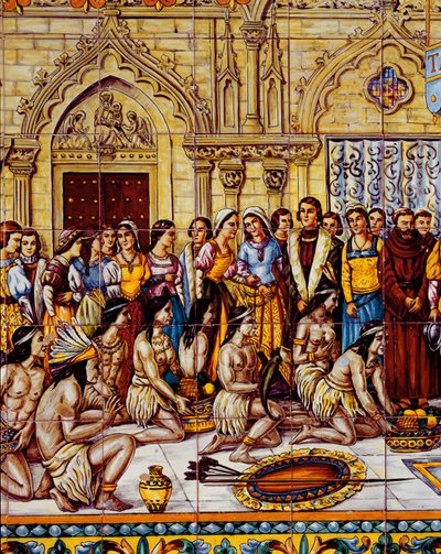 Inheemse Amerikanen gebracht in het gevolg van Columbus naar Spanje in 1492 (keramiek) door Spanish School
