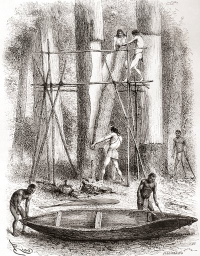 Inheemse Indianen bouwen een kano aan de oevers van de Oyapock of Oiapoque Rivier, Zuid-Amerika (gravure) door Spanish School