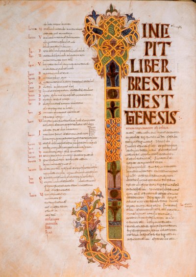 Openingspagina van het Boek Genesis met hoofdletter I van het begin van de Bijbel, In Principio creavit Deus caelum, uit de Visigotisch-Mozarabische Bijbel van St. Isidores, fol.14v., 960 n.Chr. (tempera op perkament) door Spanish School