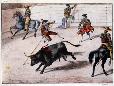 Perchsprong, stierenvechten in Spanje, Spaanse lithografie, 19e eeuw door Spanish School