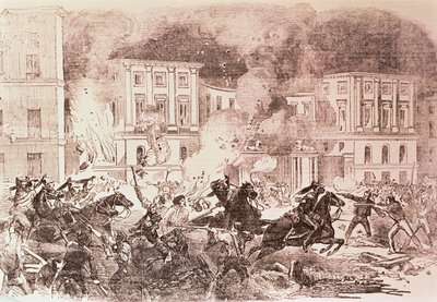 Populistische Opstanden in Madrid, De Rellen Proberen het Paleis van Koningin Maria Christina in Brand te Steken in 1854 door Spanish School