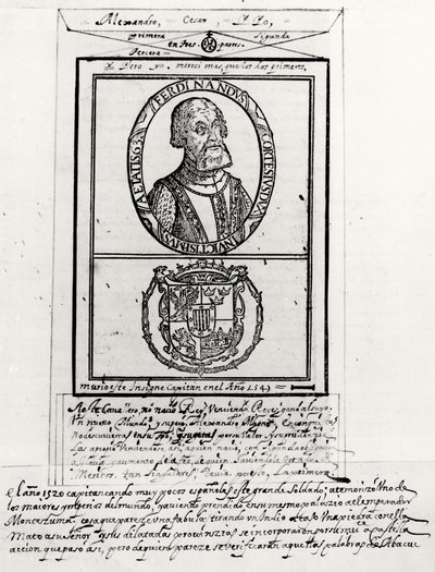 Portret van Hernando Cortes (1485-1547) en zijn wapens door Spanish School