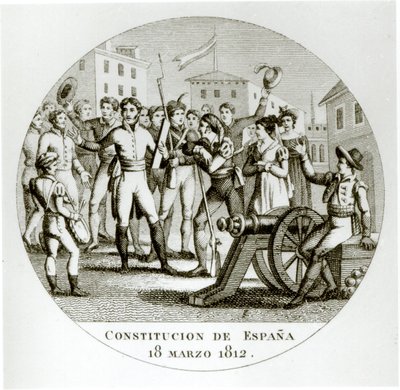 Proclamatie van de liberale grondwet van 18 maart 1812, door de patriotten, afgekondigd in Cadiz door de Cortes door Spanish School