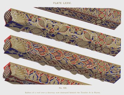 Spanten van een dak boven een deur nu vernietigd onder de Tocador de la Reyna (kleur litho) door Spanish School