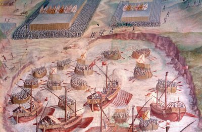 Regatta van Spaanse galeien tijdens een expeditie naar de Azoren in 1582 onder Filips II (1527-1598), koning van Spanje. 16e-eeuwse fresco. Hal van de Slagen, Paleis van het Escorial, Madrid. door Spanish School