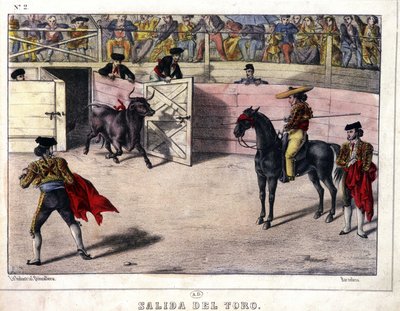 Vrijlating van Taurus, stierengevecht in Spanje, lithografie 19e eeuw door Spanish School