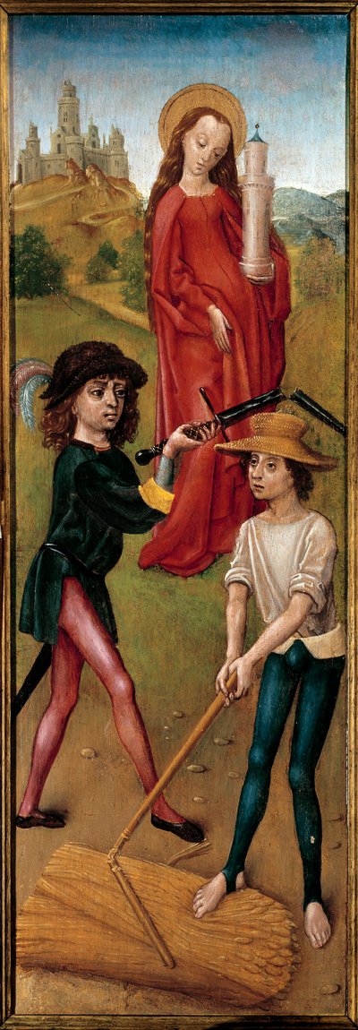 Sint Barbara en twee boeren die het graan maaien. Schilderij op hout van de Spaanse School. 15e eeuw. Parijs, decoratieve kunsten door Spanish School