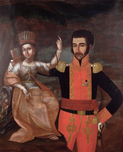 Simon Bolivar (1783-1830) en een inheemse vrouw door Spanish School