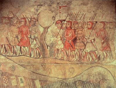 Soldaten uit het leger van Koning Jacobus I (1208-76) een groep voetsoldaten met bogen en lansen, detail van een muurschildering uit het voormalige Palacio Reale, Barcelona door Spanish School