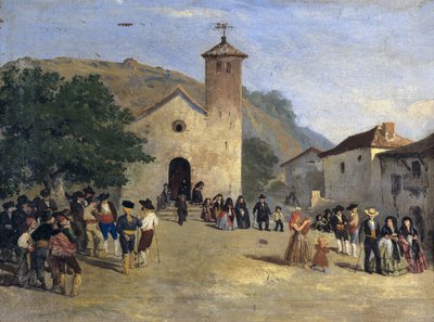Uitgang van de mis - Uitkomen van een mis. Anoniem schilderij door Spanish School